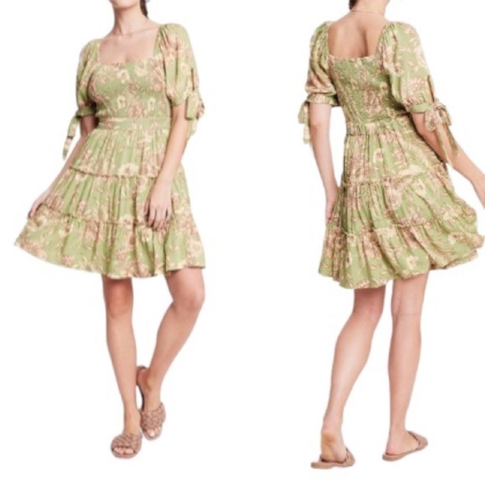 Agua Bendita x Target Floral Print Puff Sleeve Mini Dress Light Olive, Size XS